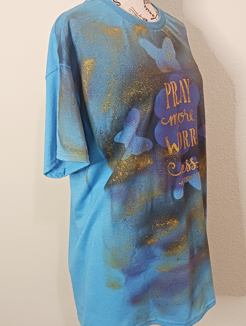 Hand Painted Blue Pray More Worry Less / Graphic T Shirt Cotton Butterfly Top L - Picture 4 of 6